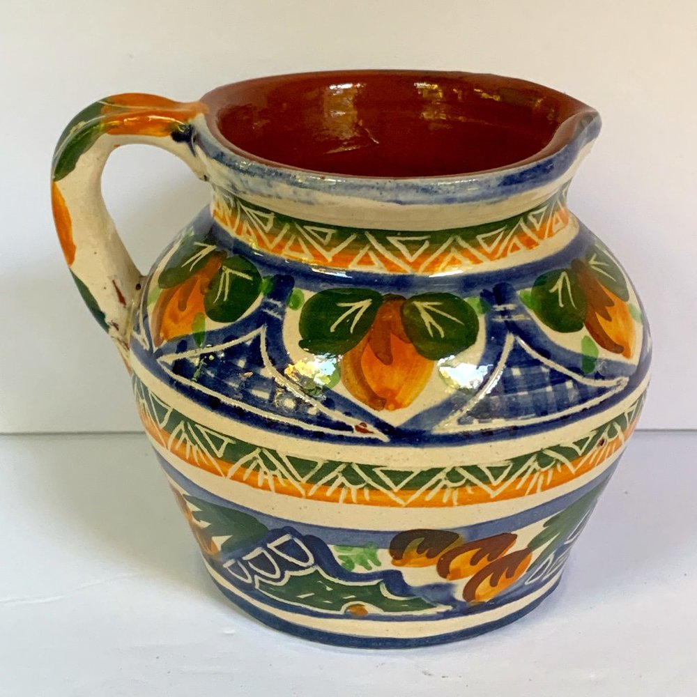 VTG Pitcher Portugal Handcrafted Blue Lemon Redware Pottery Hand Painted Thrown
